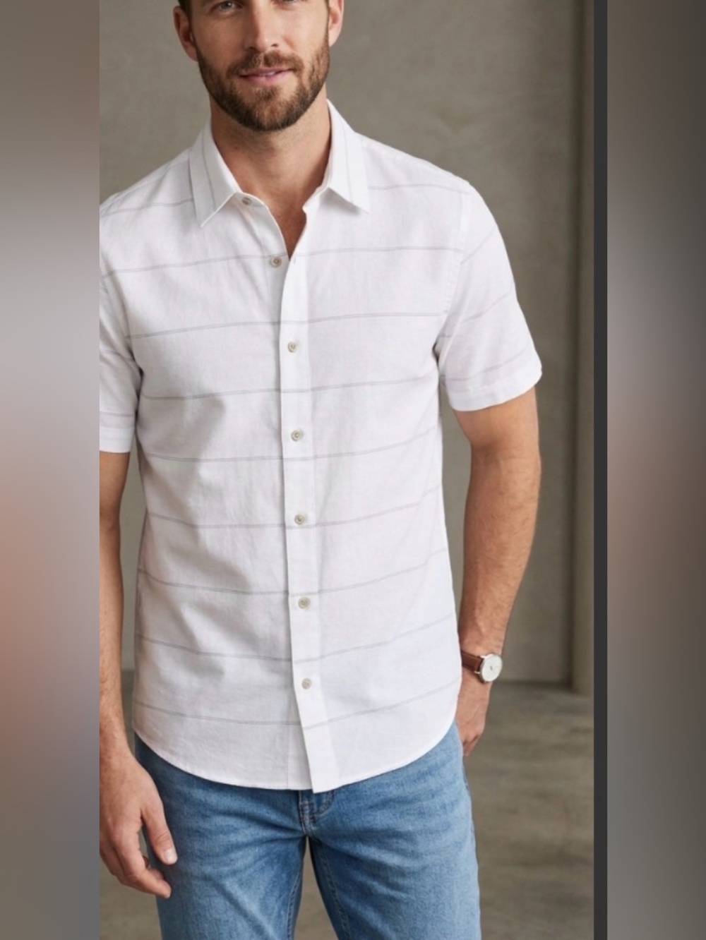 NWT Travis Mathew White Short-Sleeve Button-Down Shirt with Subtle Stripe Small